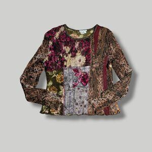 Alberto Makali L Patchwork Y2k Velvet Floral Lace Mesh Knit Beaded Leopard Top